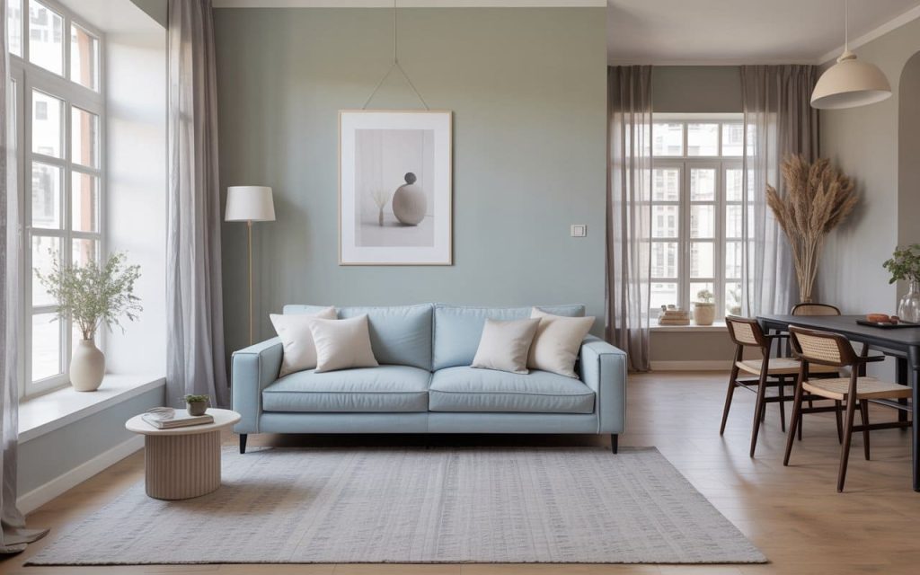 Elegant royal blue and grey living room with a navy accent wall and modern leather sofa.