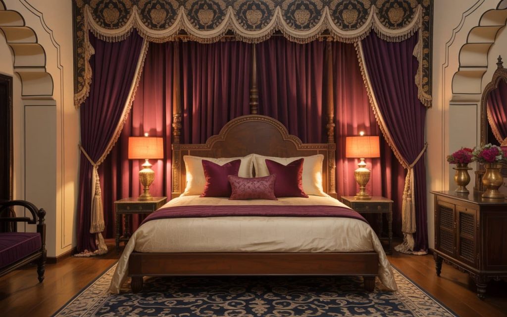 Luxurious purple and gold curtains for bedroom styling in a grand Indian palace suite.