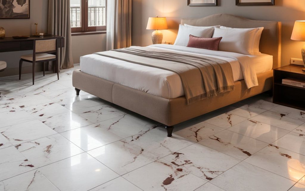 Elegant bedroom granite flooring colours with glossy white finish and modern cozy bedroom design