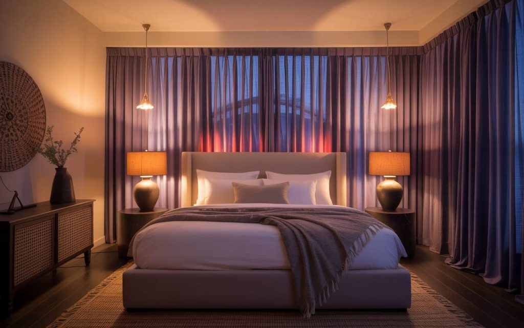 Modern short purple curtains for bedroom windows creating a cozy and compact sleep space.