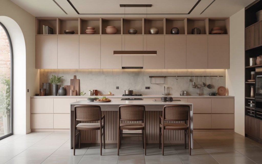 Modern materials used for kitchen cabinets in warm wood tones with minimalist modular design