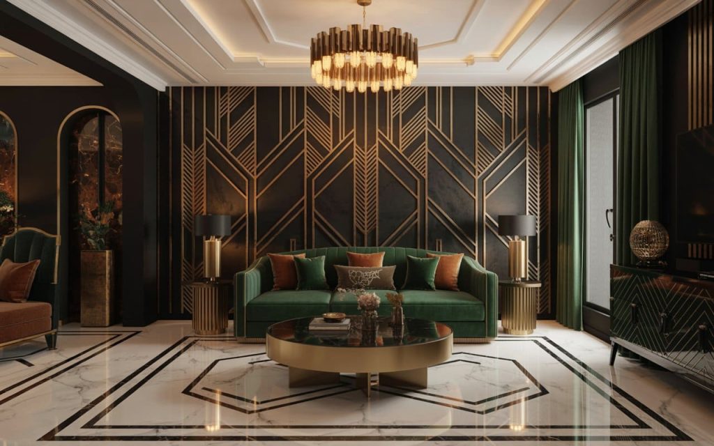 Geometric wall patterns and gold accents define this art deco style interior design.