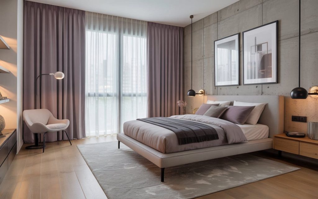 Muted purple gray curtains for bedroom windows paired with sleek concrete wall textures.