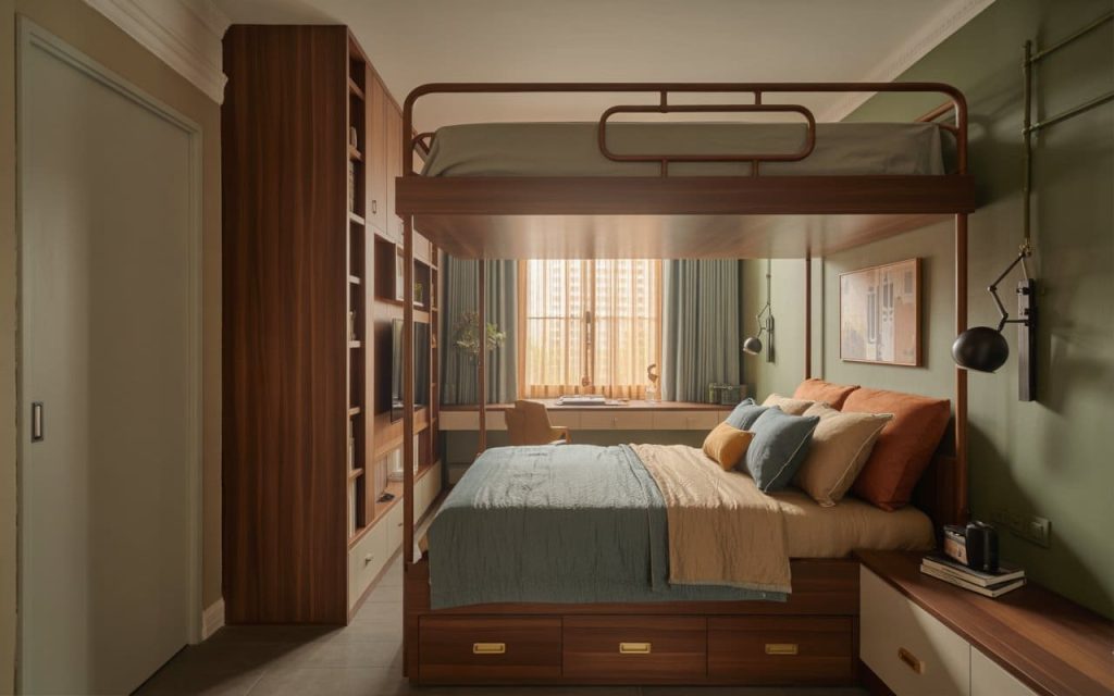 A premium wooden double decker bed with storage drawers in a modern green-walled bedroom.
