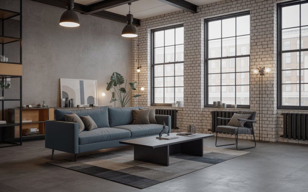 Balanced blue and gray living room combination with brass lamps and ornate wall panels.