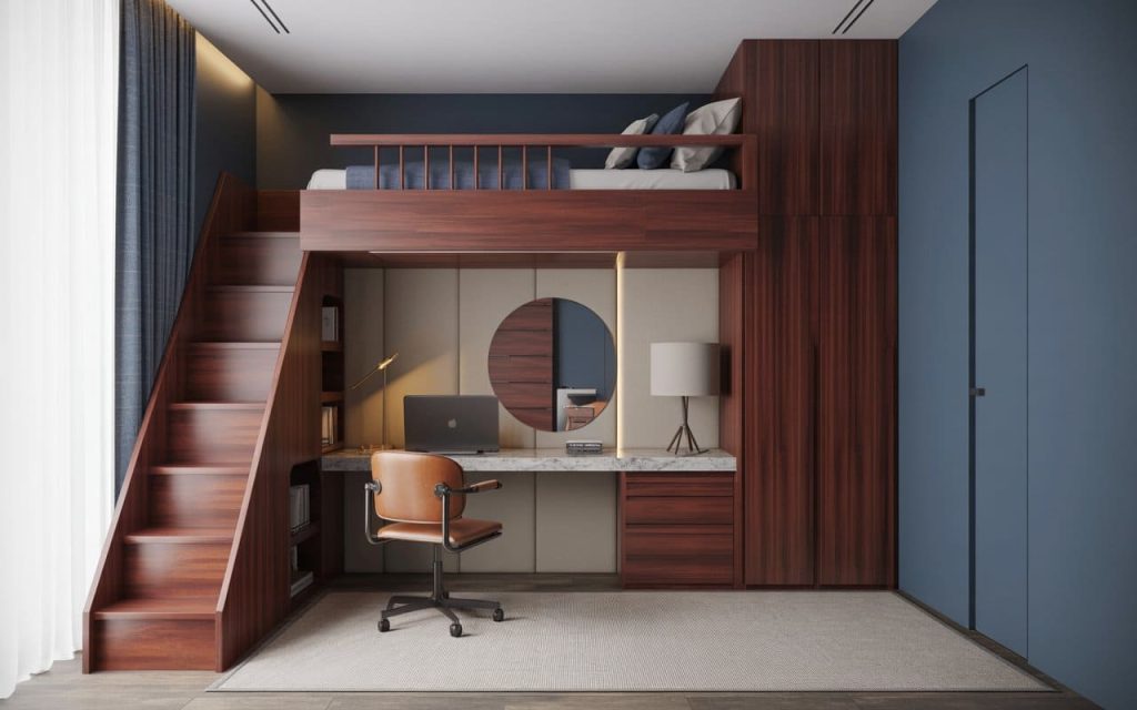A dark wood double decker bed with study table and integrated stairs in a blue bedroom.