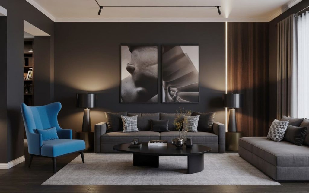 Sharp grey and blue combination living room with charcoal walls and cerulean armchair.