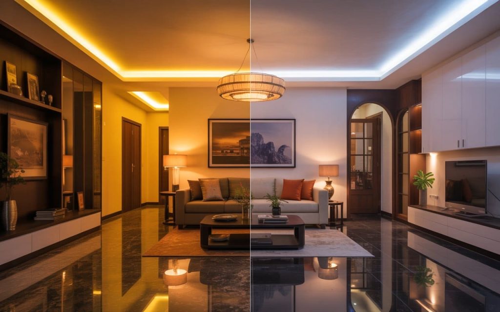 Modern flooring granite colours showcasing black glossy finish in a stylish dual-tone living room