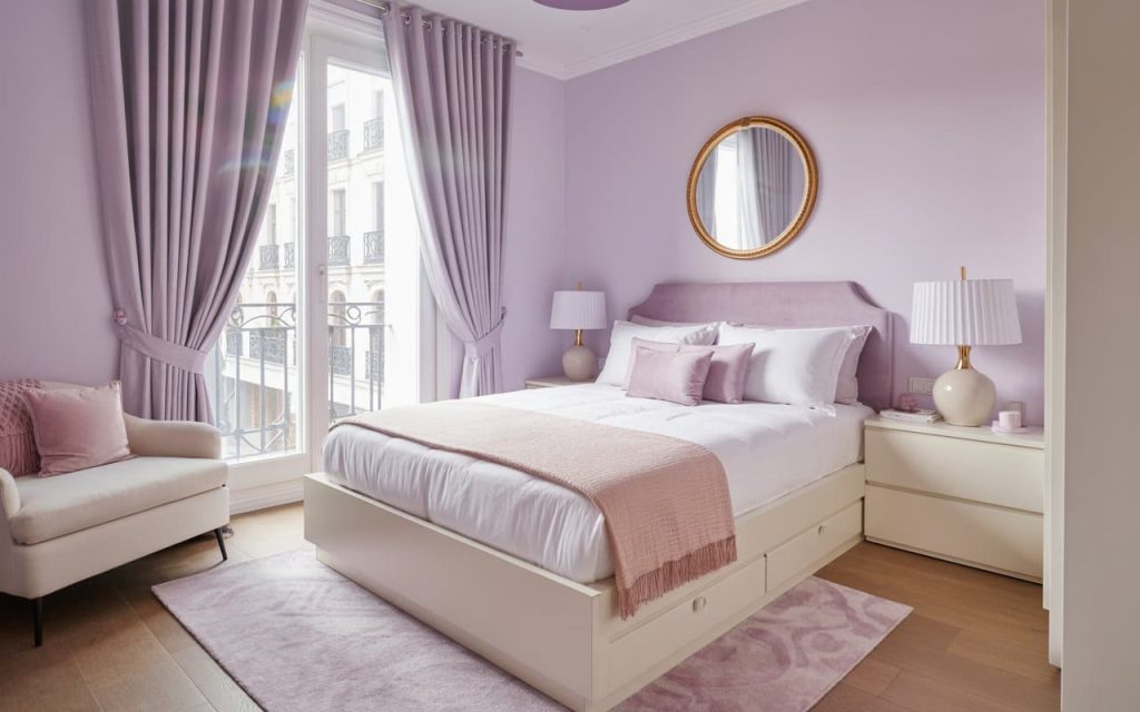 Soft light purple curtains for bedroom windows matching pastel lilac walls and bedding.