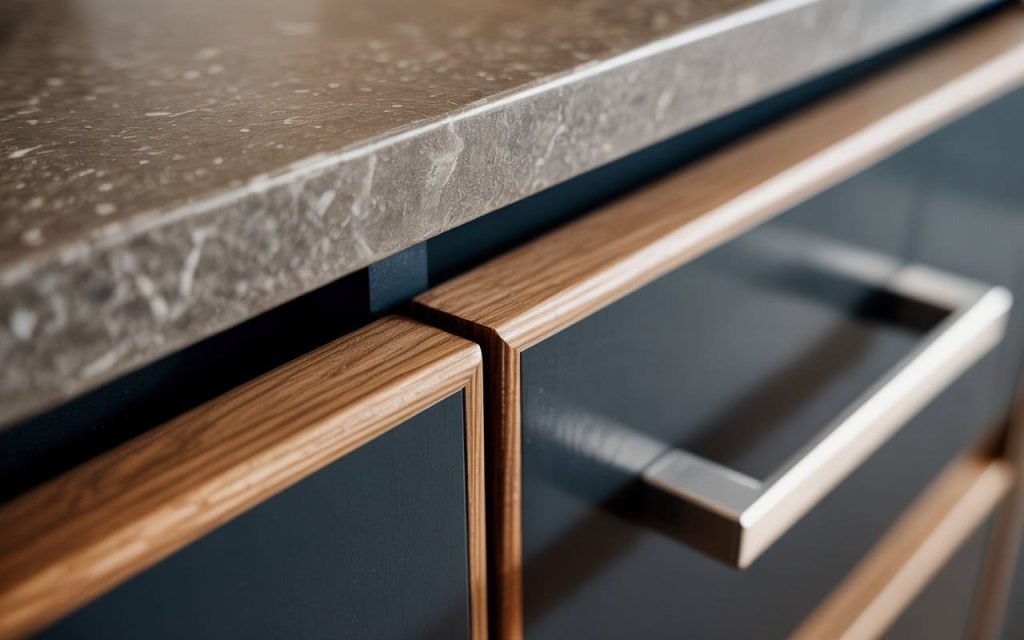 Premium kitchen cabinet materials list featuring wood finish drawers with sleek modern detailing