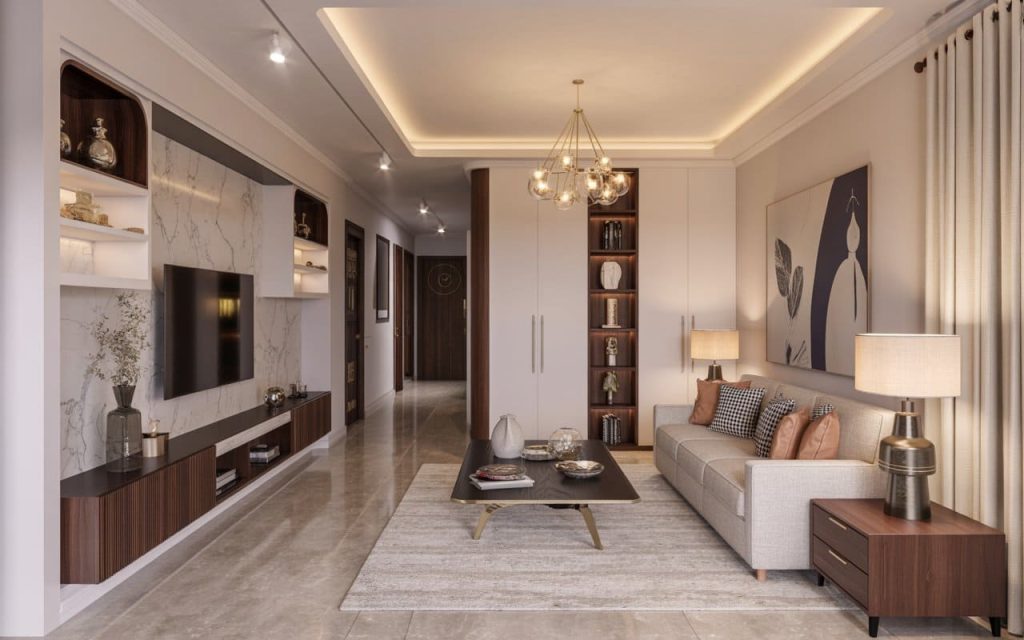 Elegant light coloured granite flooring with modern living room design and warm ambient lighting
