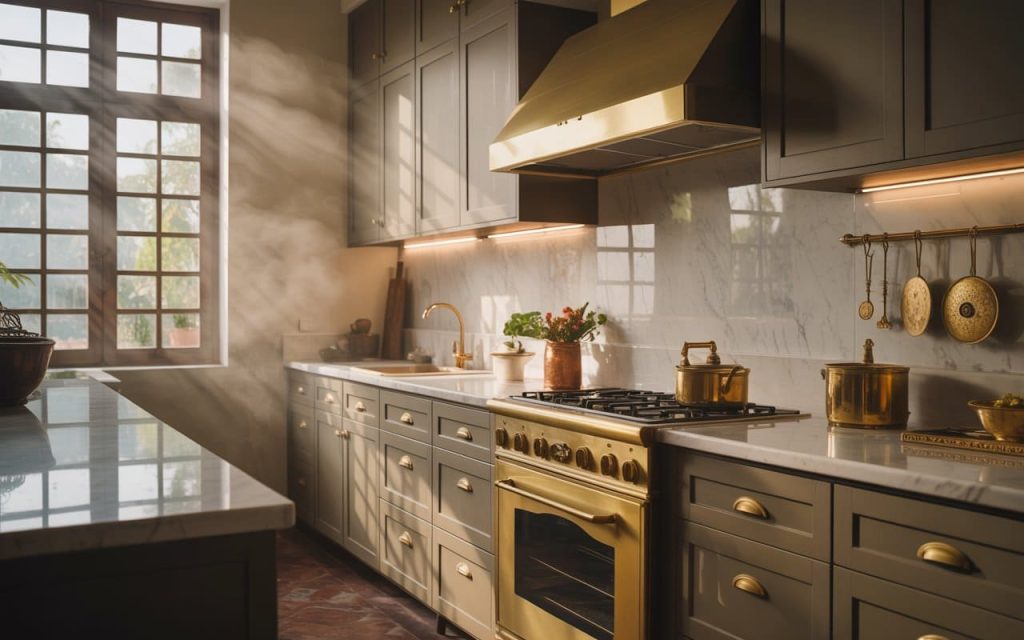 Modern kitchen cabinet materials with gold accents and marble countertops in a luxury kitchen