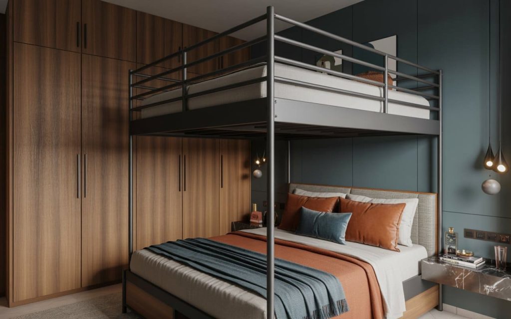  A sleek industrial metal double decker bed for adults in a contemporary master bedroom.