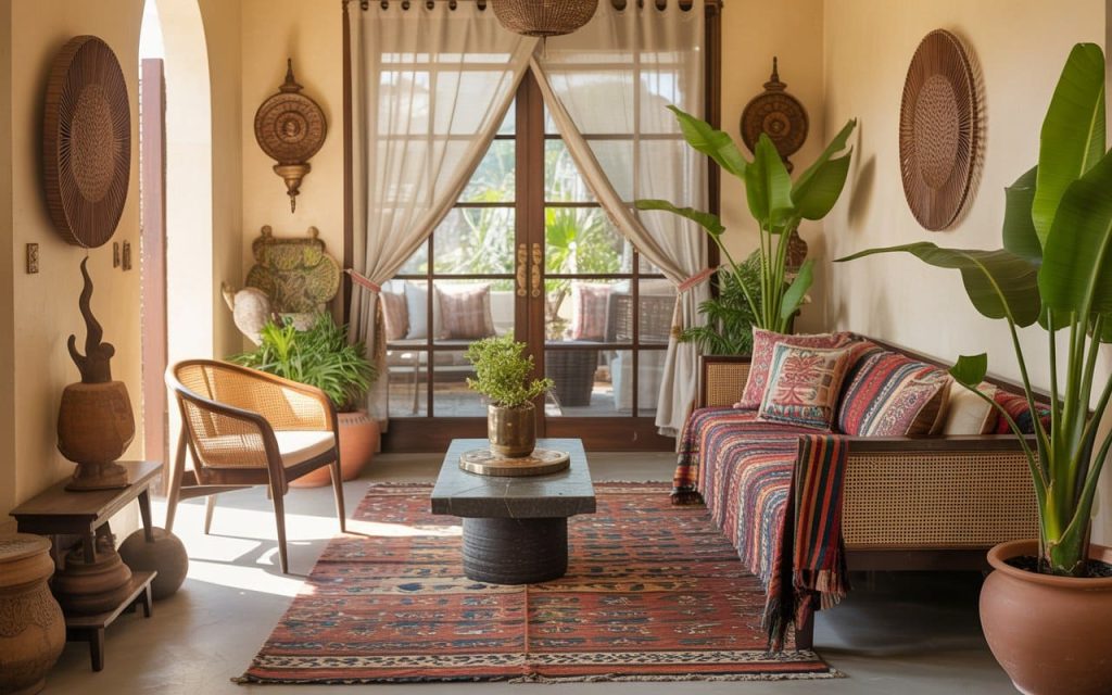 Natural textures and vibrant textiles define this bohemian style interior design space.