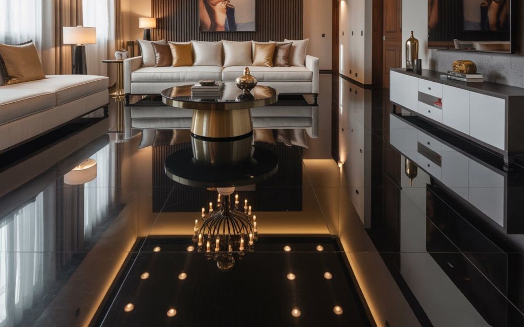 Luxury black colour granite flooring with high-gloss finish in a modern elegant living room