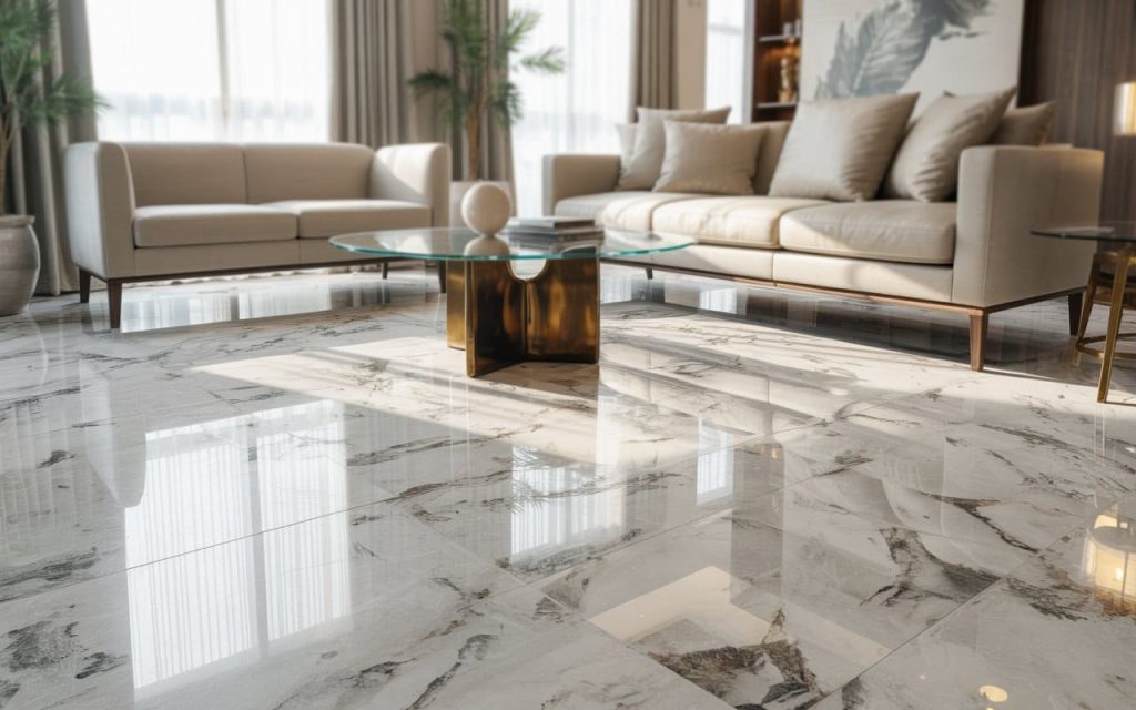 Luxurious white granite flooring colours with glossy finish in a bright modern living room
