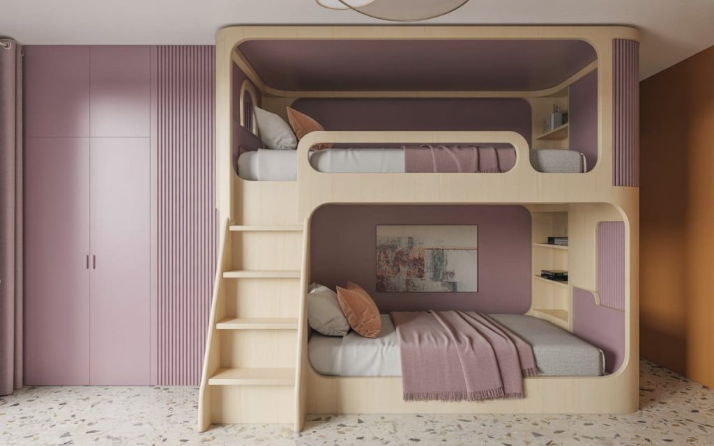 A stylish light wood double decker bed for girls featuring mauve walls and built-in shelves.