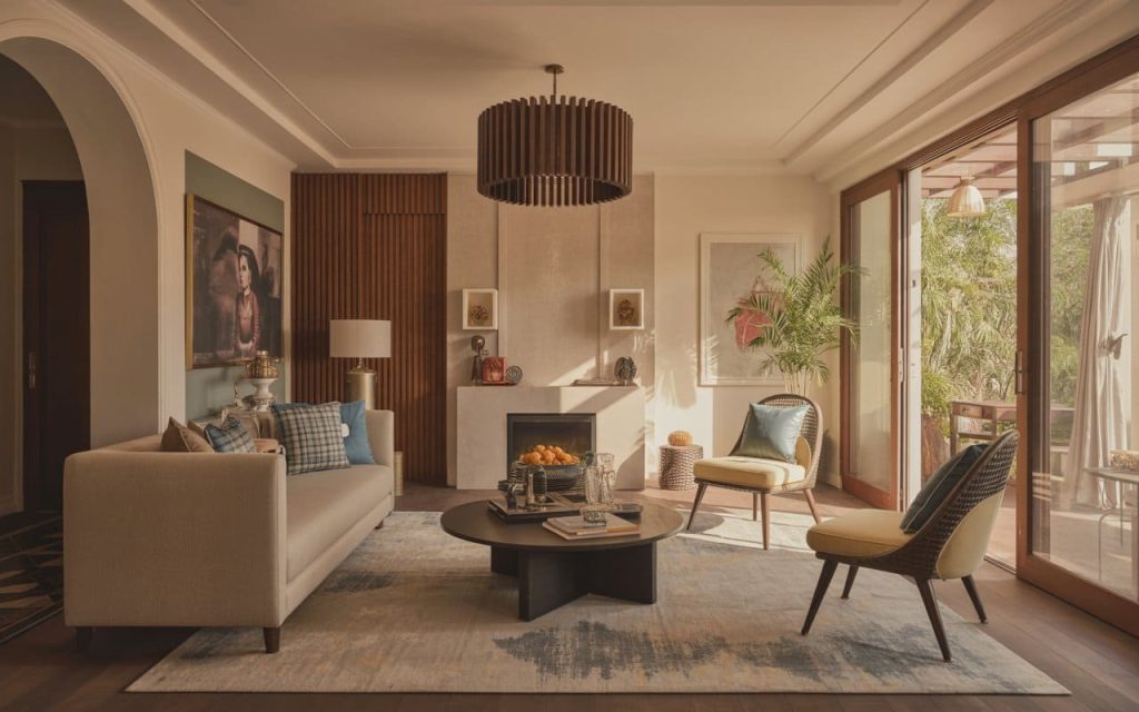 Warm living area featuring sleek furniture and neutral tones in modern interior design styles.