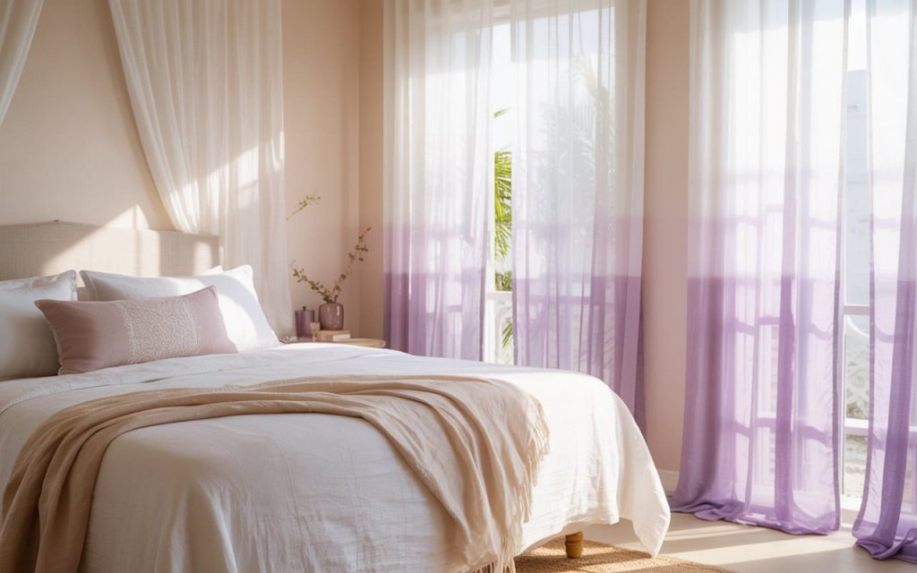 Breezy purple and white curtains for bedroom styling with a soft lilac ombre effect.