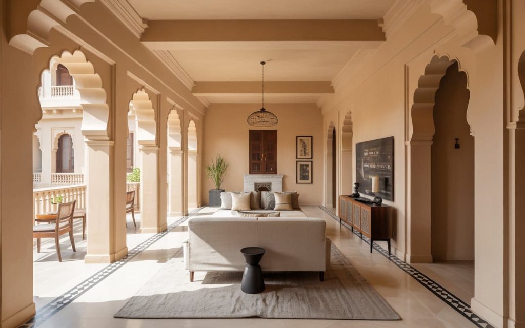 Traditional arched pillars and neutral tones defining a kerala style interior design.