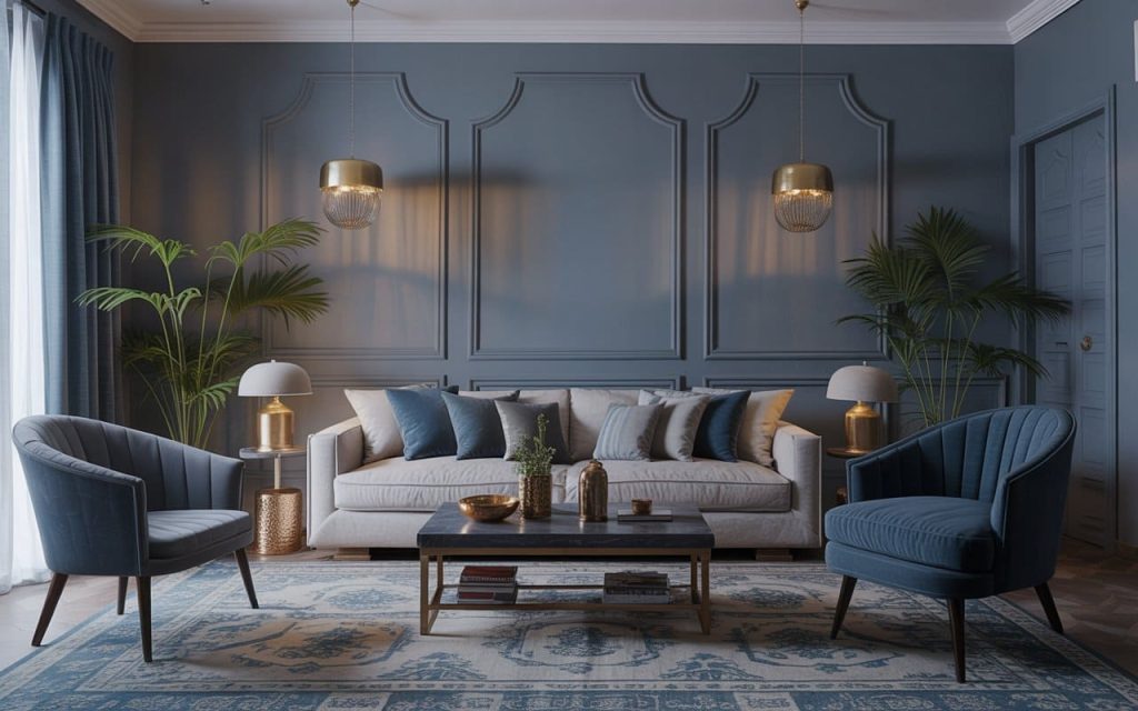 Serene blue grey living room with a light blue sofa, grey rug, and natural wood accents.