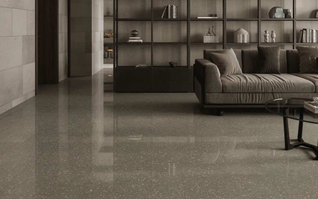 Modern flooring granite colours with speckled grey finish in a sleek contemporary living space