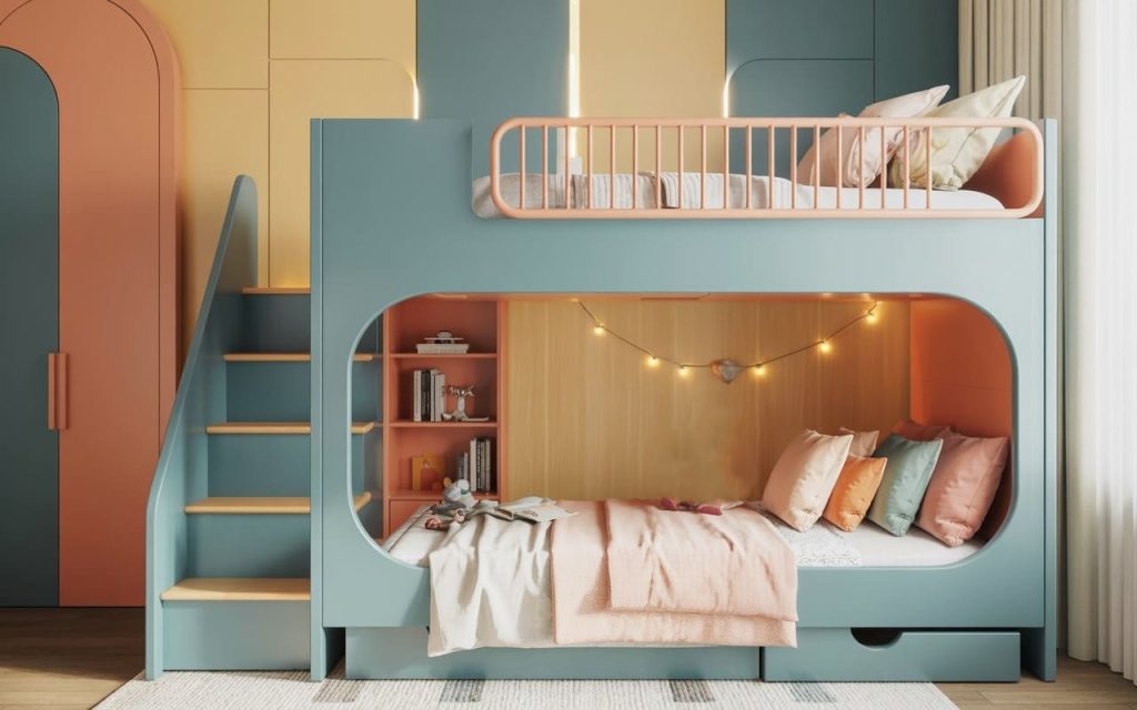 A modern teal and peach kids double decker bed featuring safety stairs and cozy lighting.