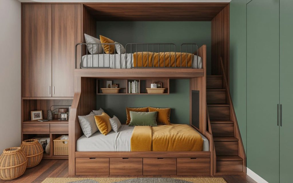 A sophisticated wood double decker bed design with integrated stairs and mustard bedding.