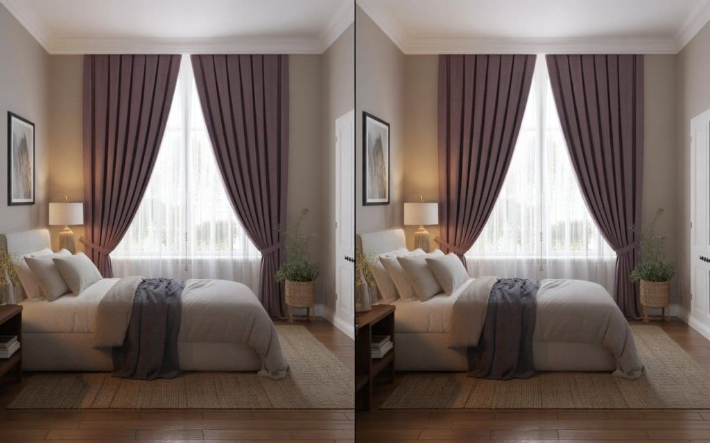Inspiring curtain ideas for purple bedroom styling with tied-back plum drapes and sheers.