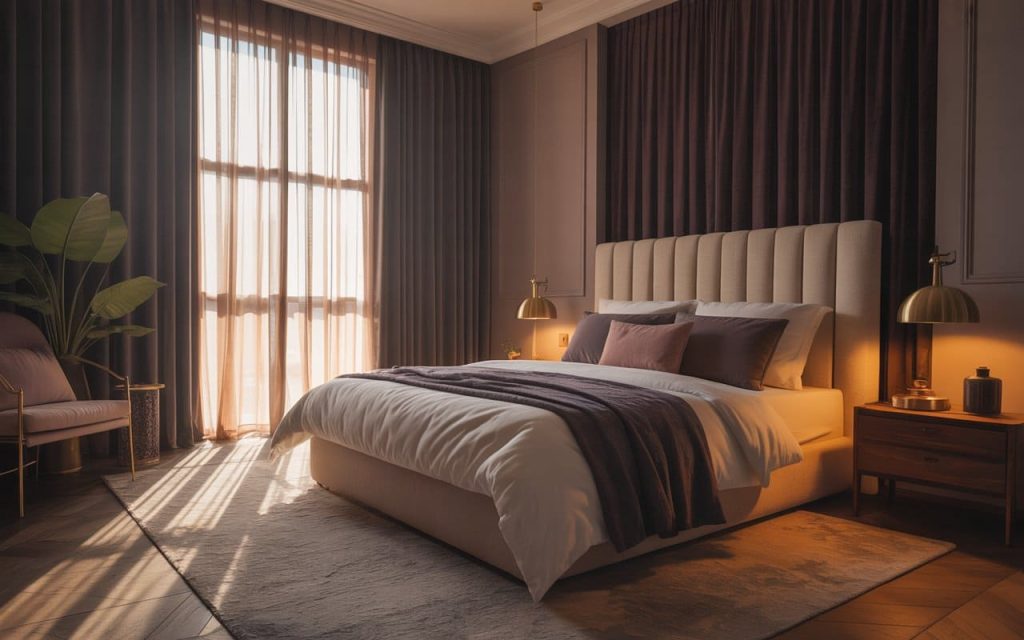 Sunlight filtering through dark purple curtains for bedroom windows in a luxury suite.