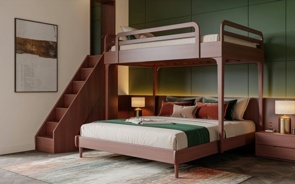 A stylish mahogany finish double decker bed with a sturdy side staircase and green accents.