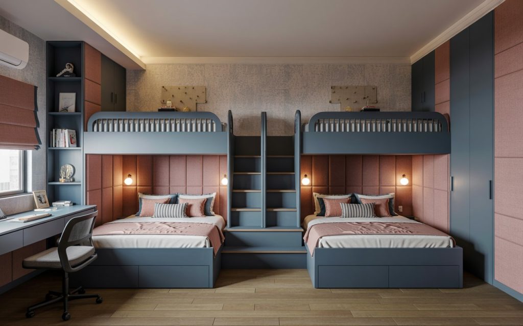 A symmetrical blue and pink children double decker bed setup with a shared central ladder.