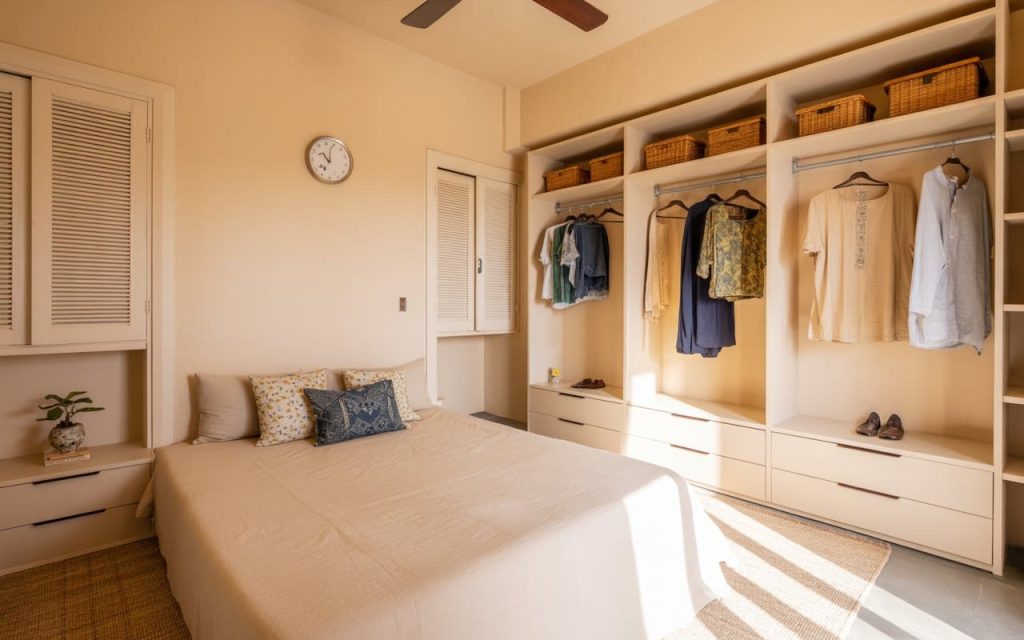 Cozy open wardrobe closet with organized shelves, hanging space and minimalist bedroom setup