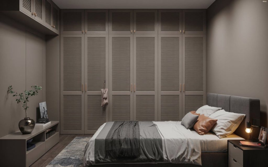 Grey floor-to-ceiling closed wardrobe shutters near purple window curtains for bedroom.