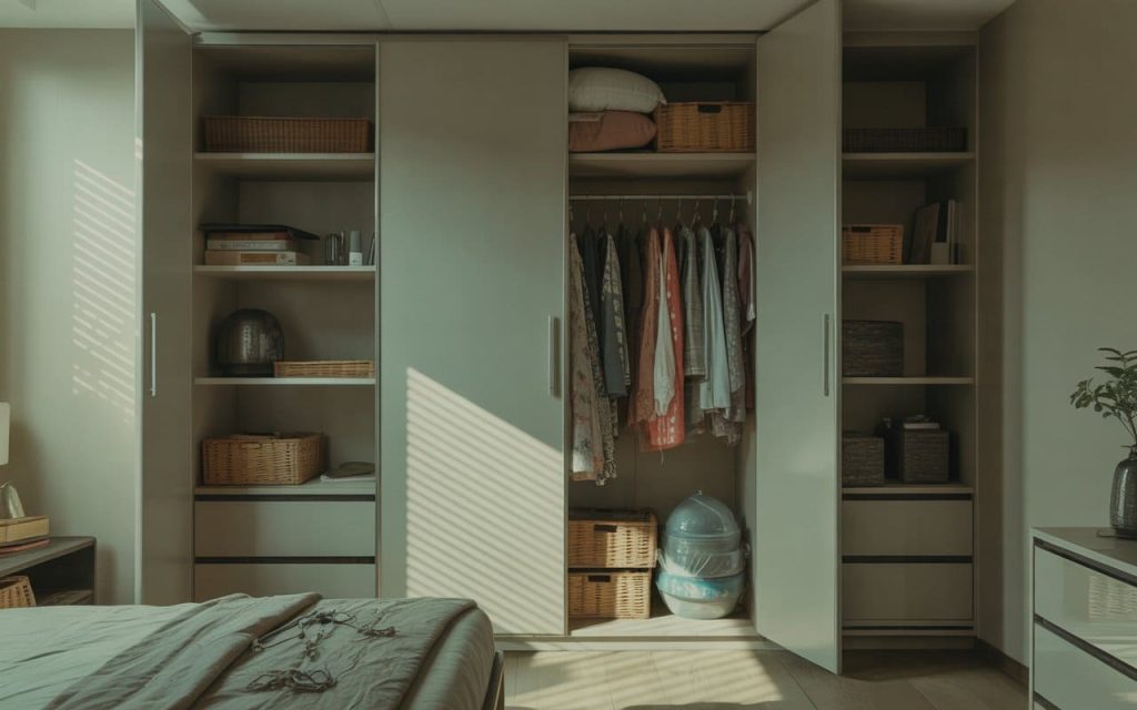 Grey closed wardrobe with open doors near soft purple gray curtains for bedroom interiors.