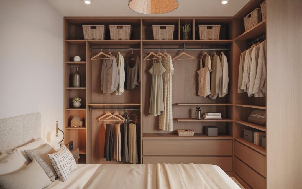 Wooden open wardrobe with organized shelves near purple blackout curtains for bedroom use.
