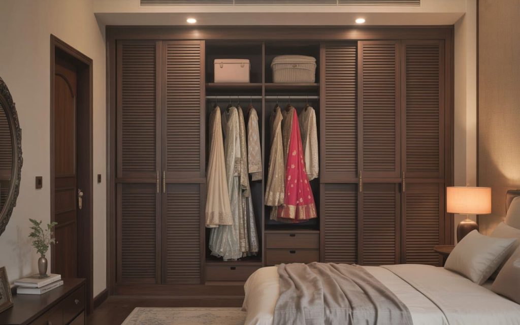 Dark wood closed wardrobe with slats near purple and gold curtains for bedroom aesthetics.