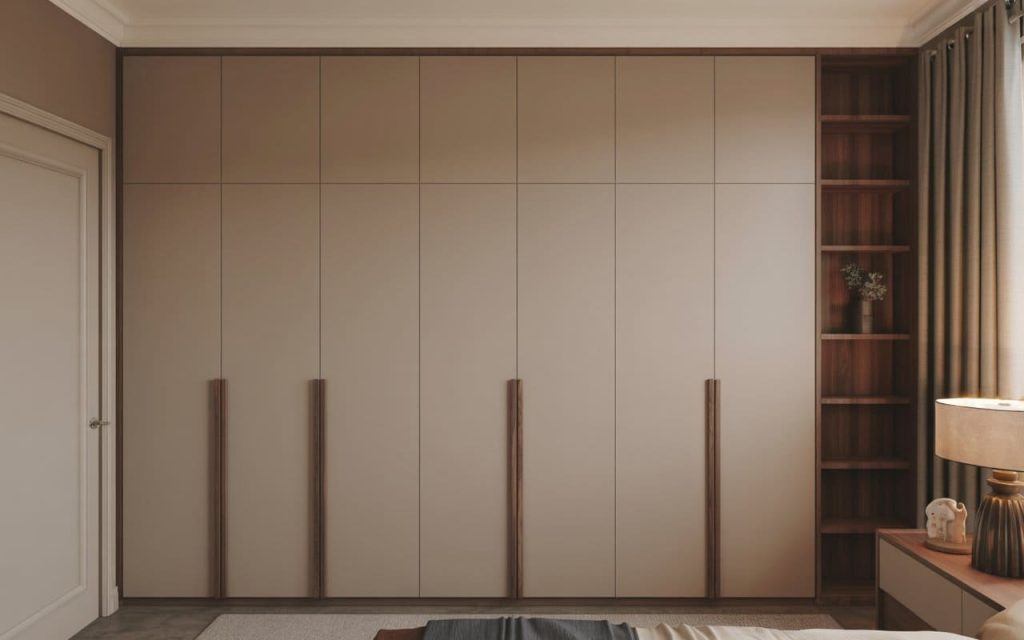 Full height closed wardrobe with sleek handles near light purple curtains for bedroom.