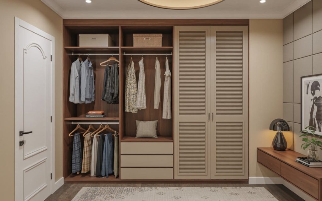 Hybrid wardrobe with open shelves and closed shutters near purple and white curtains for bedroom.