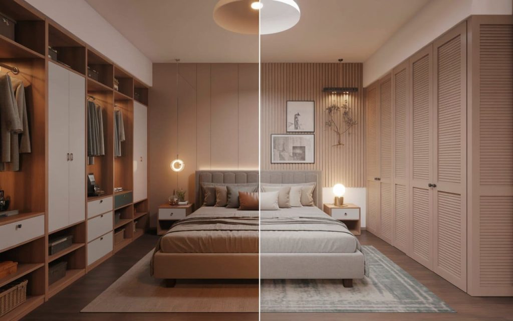 Split bedroom view with open and closed wardrobes and purple curtains for bedroom decor.