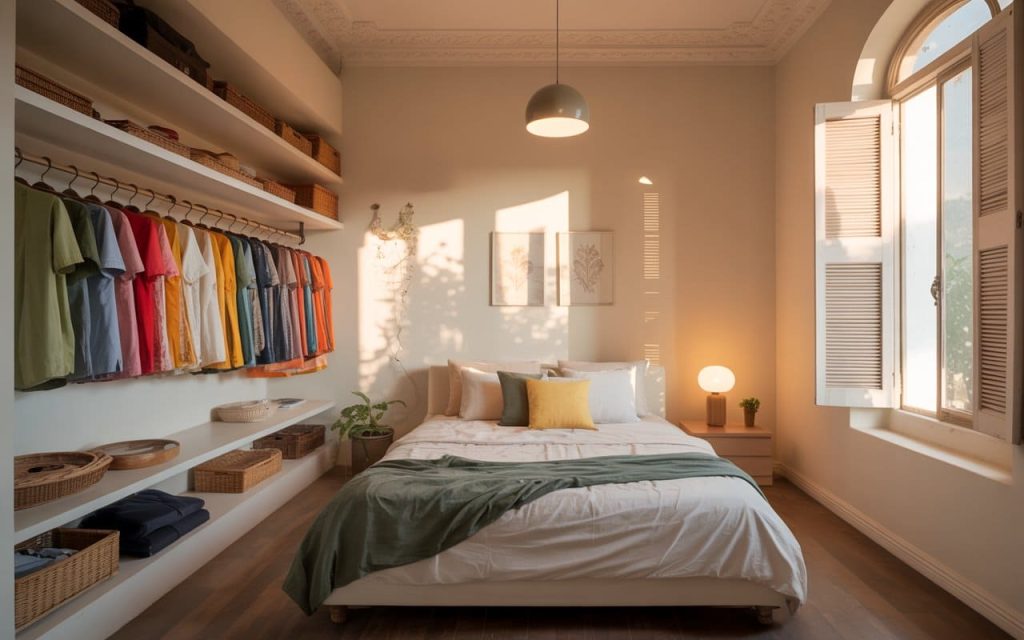 Open shelving wardrobe on a neutral wall next to bedroom curtains for purple walls setup.