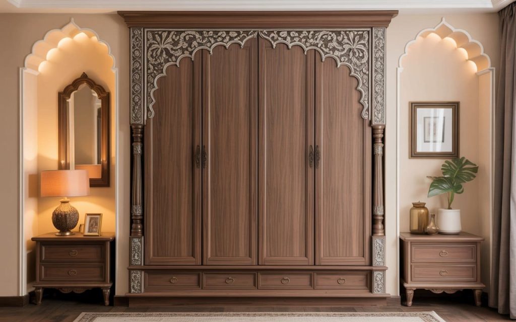 Hinged wardrobe designs with carved wooden doors and traditional detailing for a luxurious bedroom look