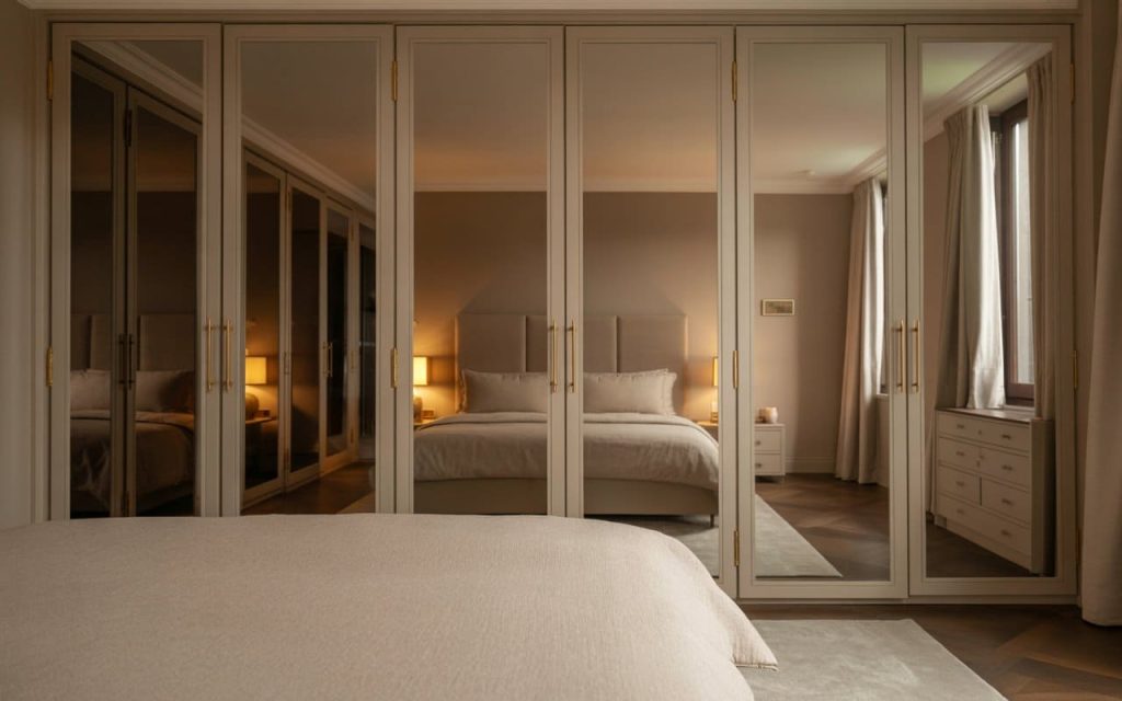 Elegant hinged mirrored wardrobe doors reflecting bedroom space with sleek design and modern finish