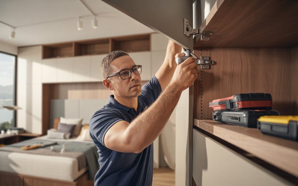 Expert adjusting wardrobe hinges using tools for precise alignment and smooth door functionality