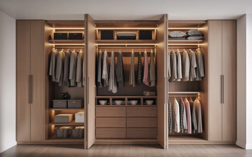 Spacious hinged wardrobe designs with open layout, LED lighting, and organized shelves for modern storage