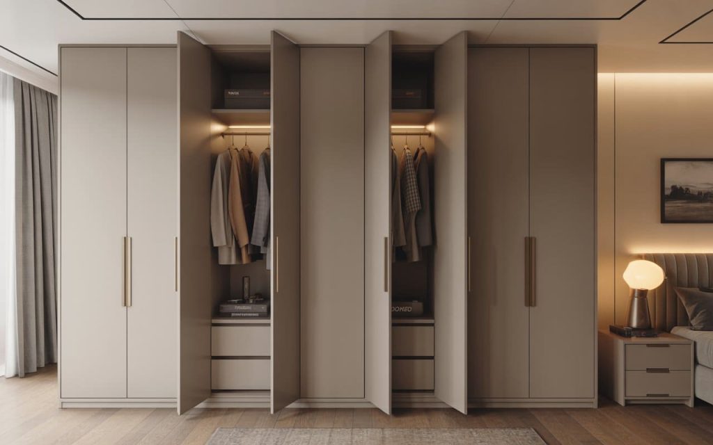 Modern hinged wardrobe designs with sleek panels, soft lighting, and organized storage compartments