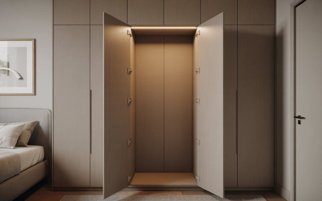 Elegant hinged wardrobe doors with integrated lighting and spacious interior for modern bedroom storage