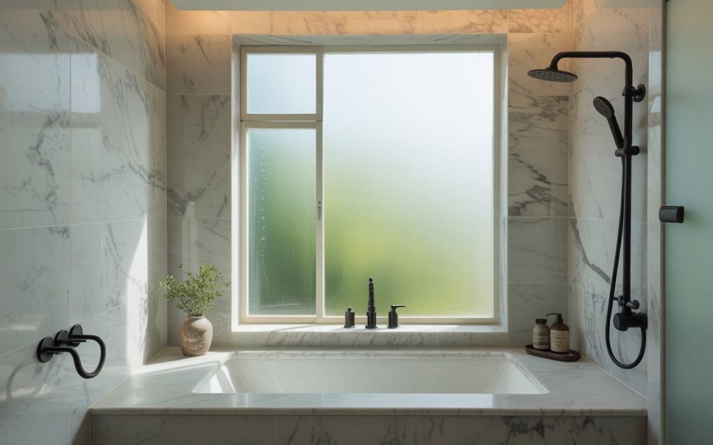 Privacy-focused frosted upvc bathroom window design in a marble-tiled luxury bath.