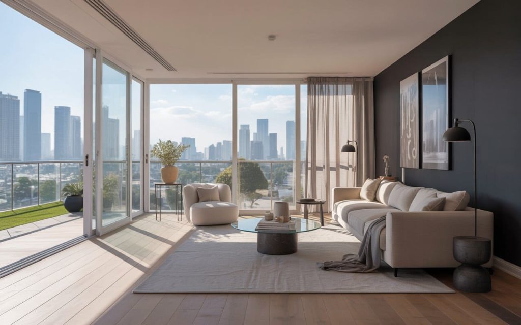 Expansive floor-to-ceiling balcony upvc window design with city skyline views in a lounge.