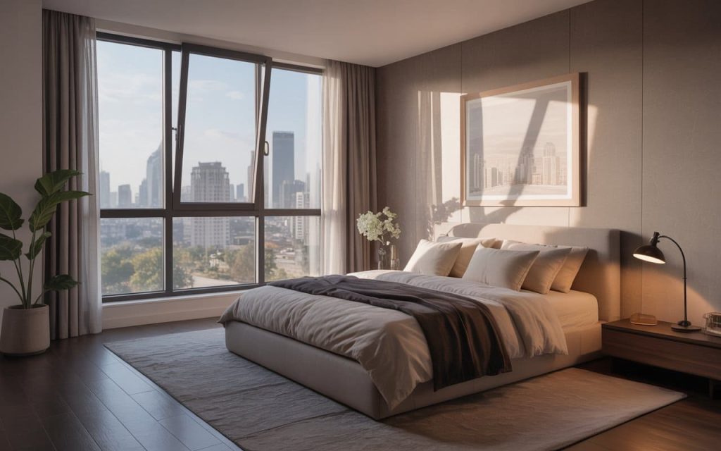 Dark framed window design upvc tilt and turn style in a sunlit contemporary bedroom.